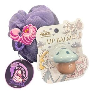 Disney Alice in Wonderland Purple Loofah and Coconut Scented Lip Balm Set NEW